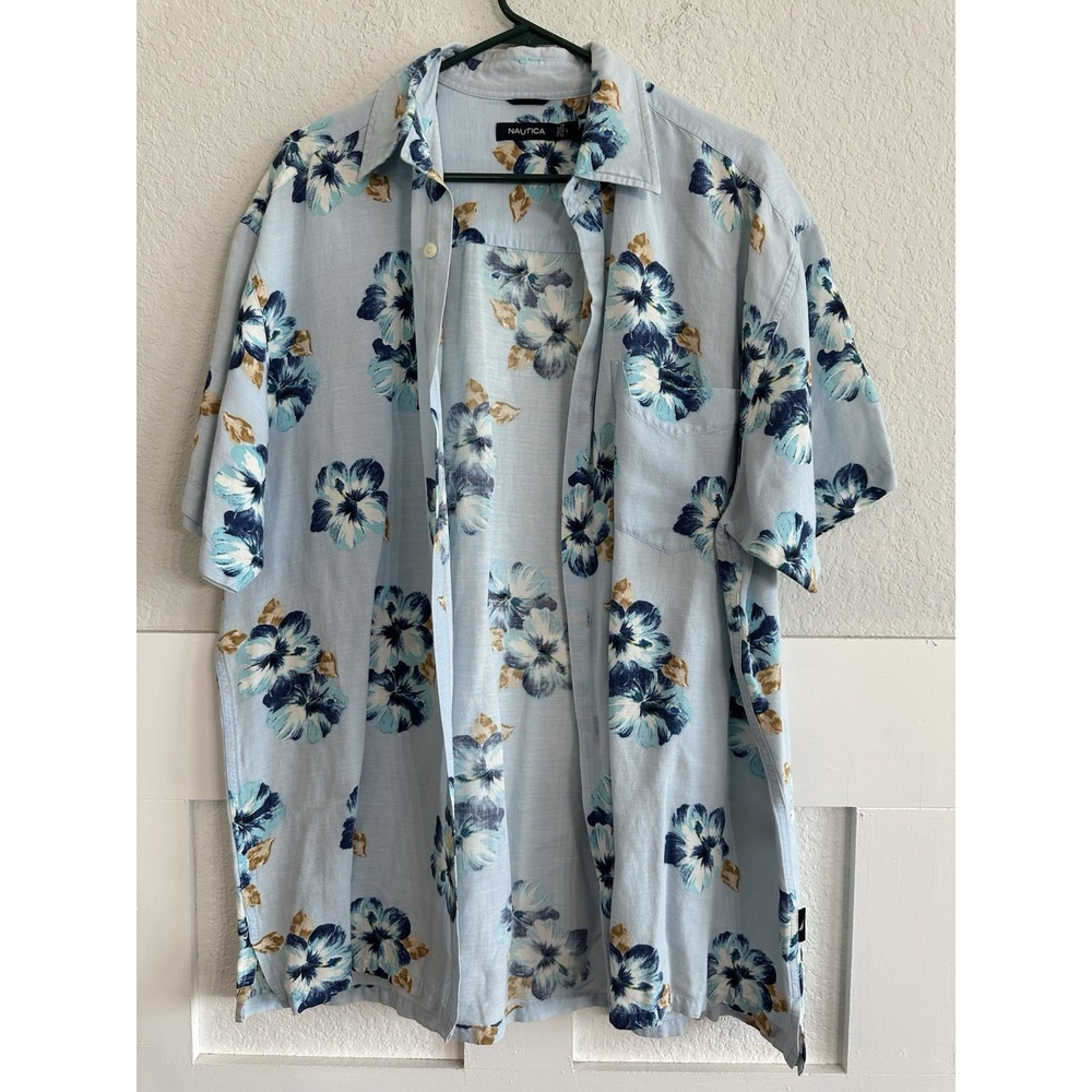 Nautica Mens Hawaiian Shirt Large Blue Floral Casual Button Down Travel
